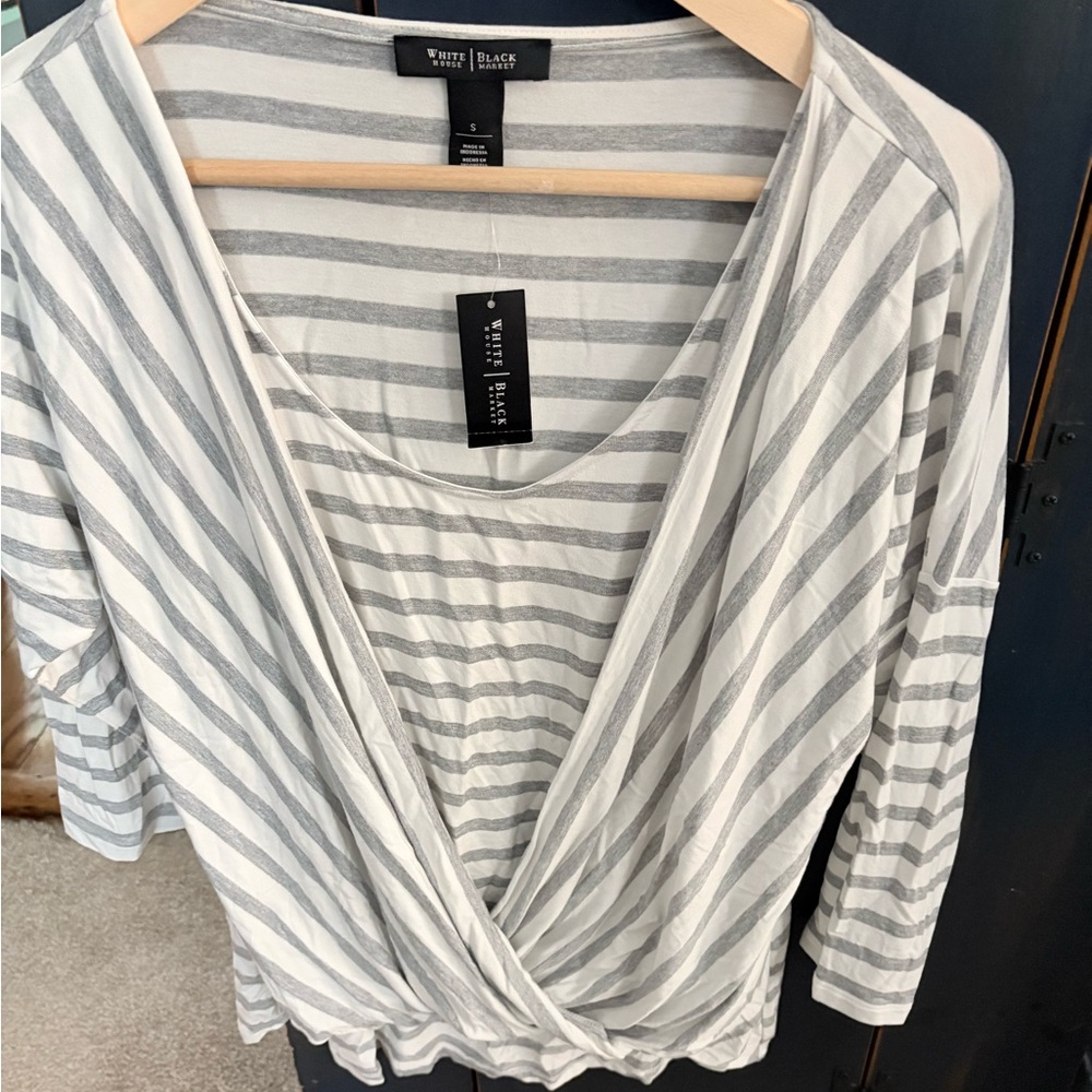 Whitehouse Blacmarket White Striped Top with dropped shoulders and one piece top